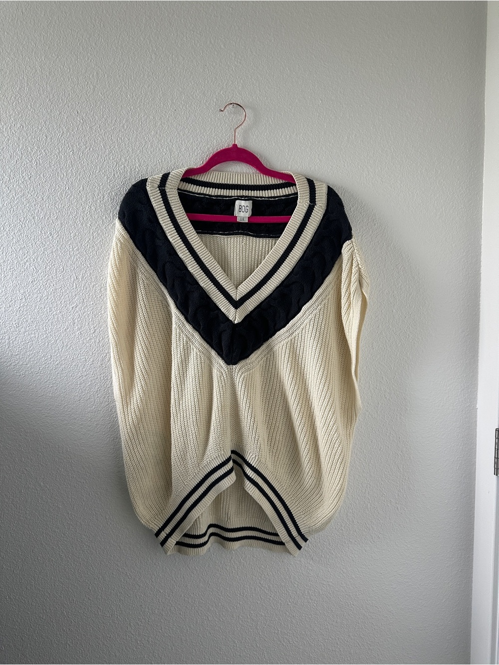 BDG Cream Sweater with Black V-Neck Cable Trim